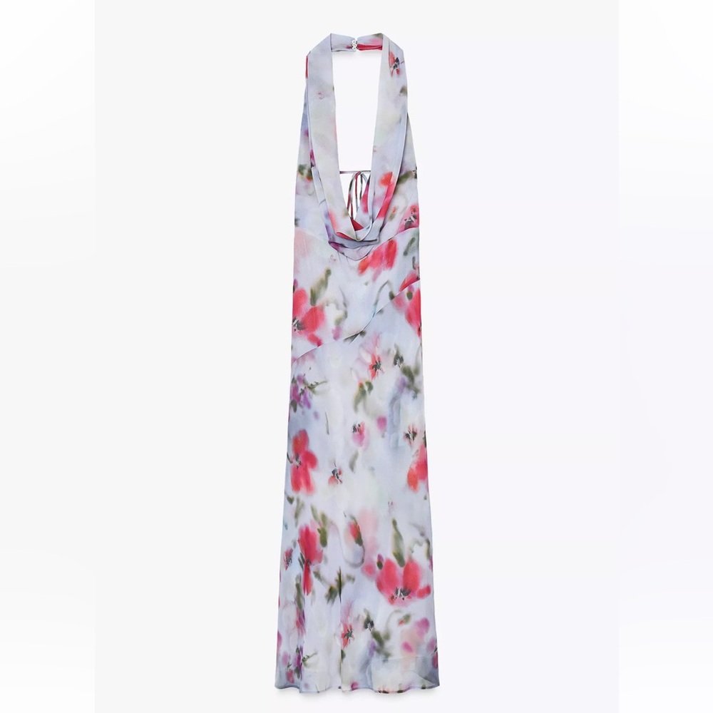 Zara White Floral Backless Halter Maxi Dress - Picture 4 of 7